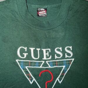 Guess Men's Dark Green Logo Tee with Embroidered Plaid Accent